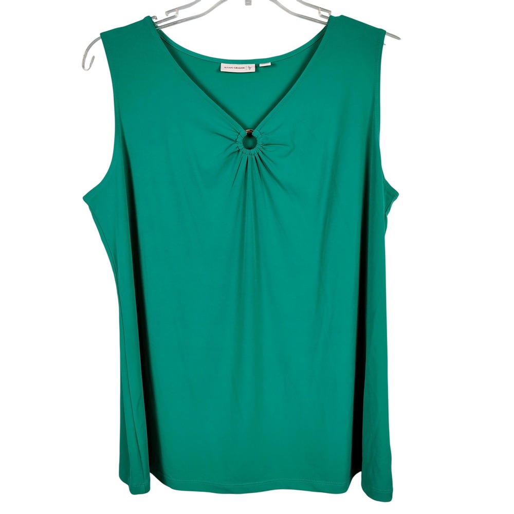 Susan Graver Womens 1X Liquid Knit Tank Green O-Ring V-Neck Office Core